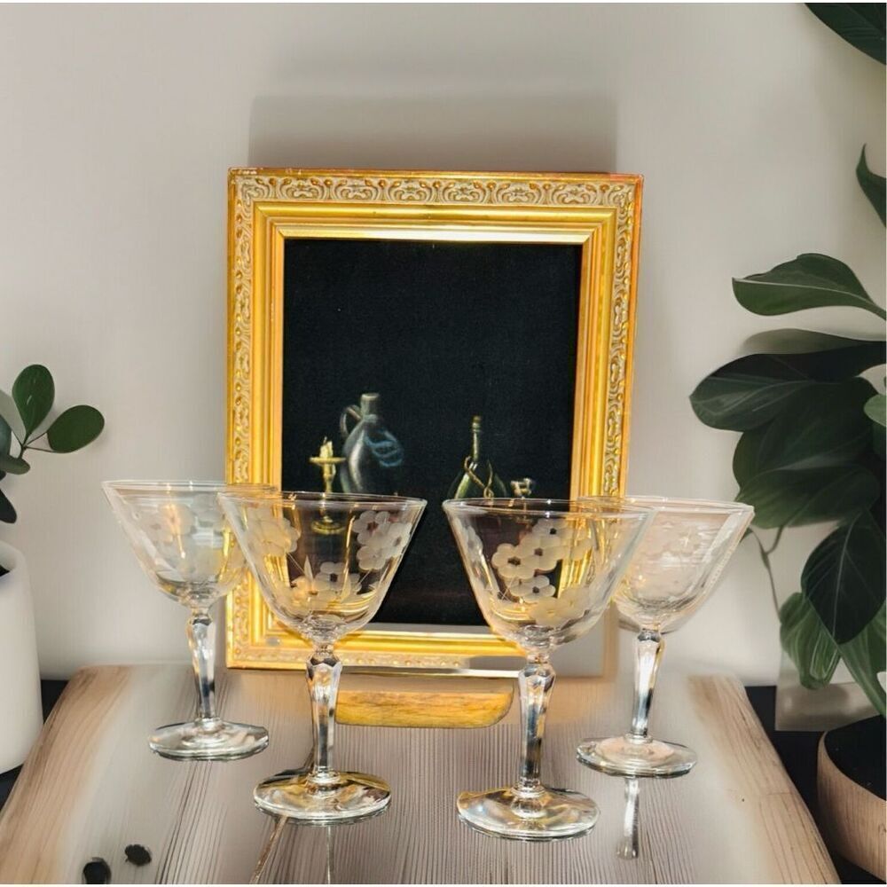 Vintage Libbey Glass Glenmore Etched Floral Champagne Cocktail 6" Tall Set of 4